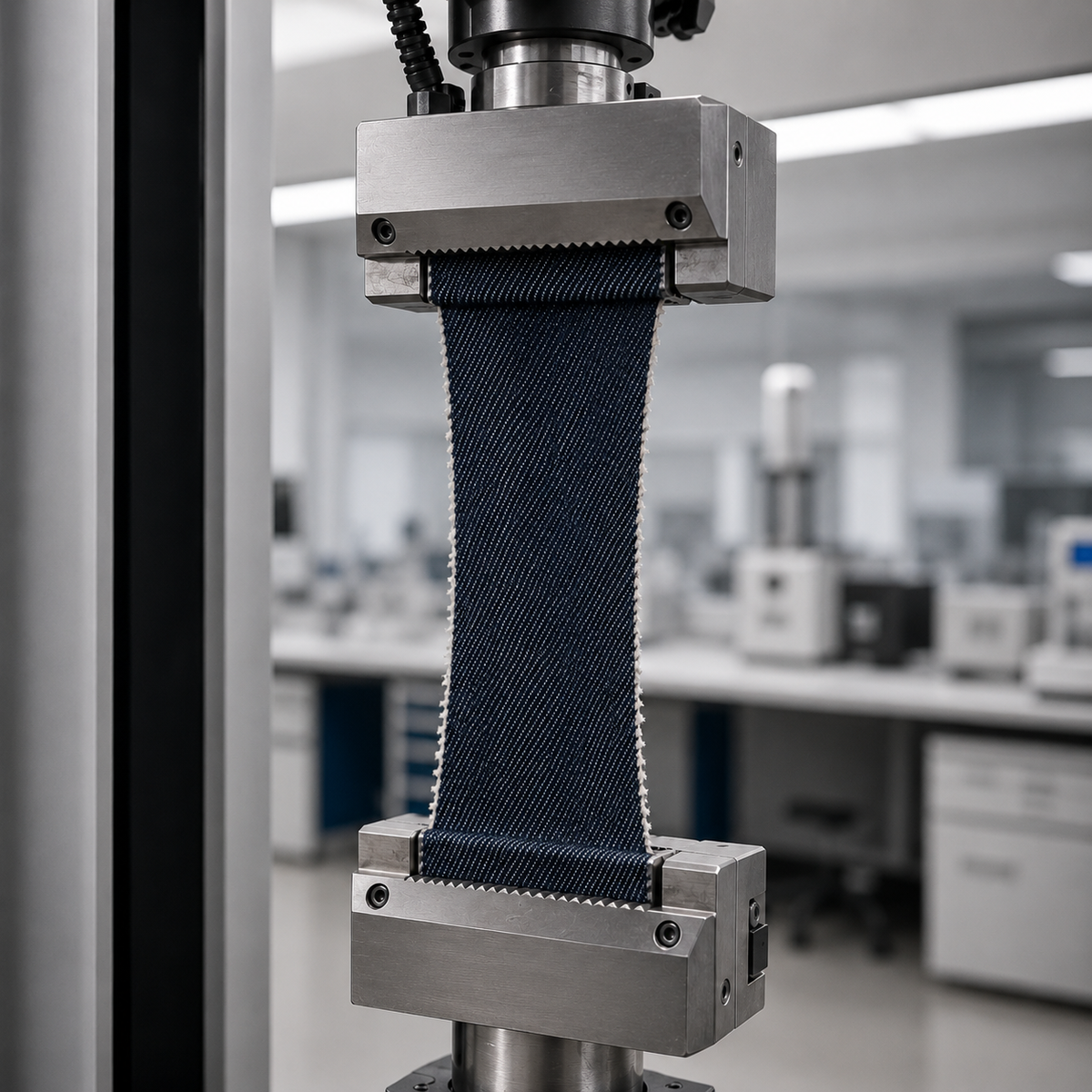 Denim in a universal testing machine for fabrics in a tensile strength test. The denim is under stress.