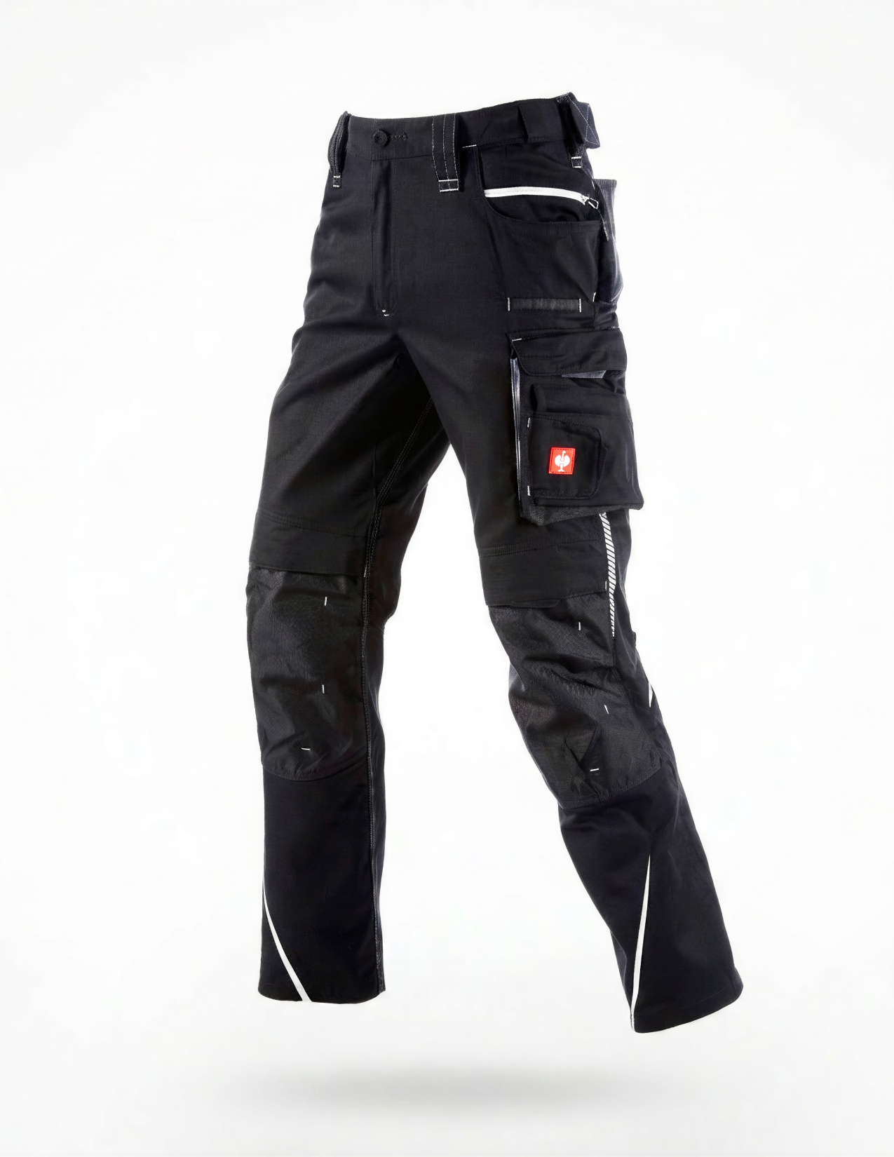 Black work pants with multiple pockets on a white background