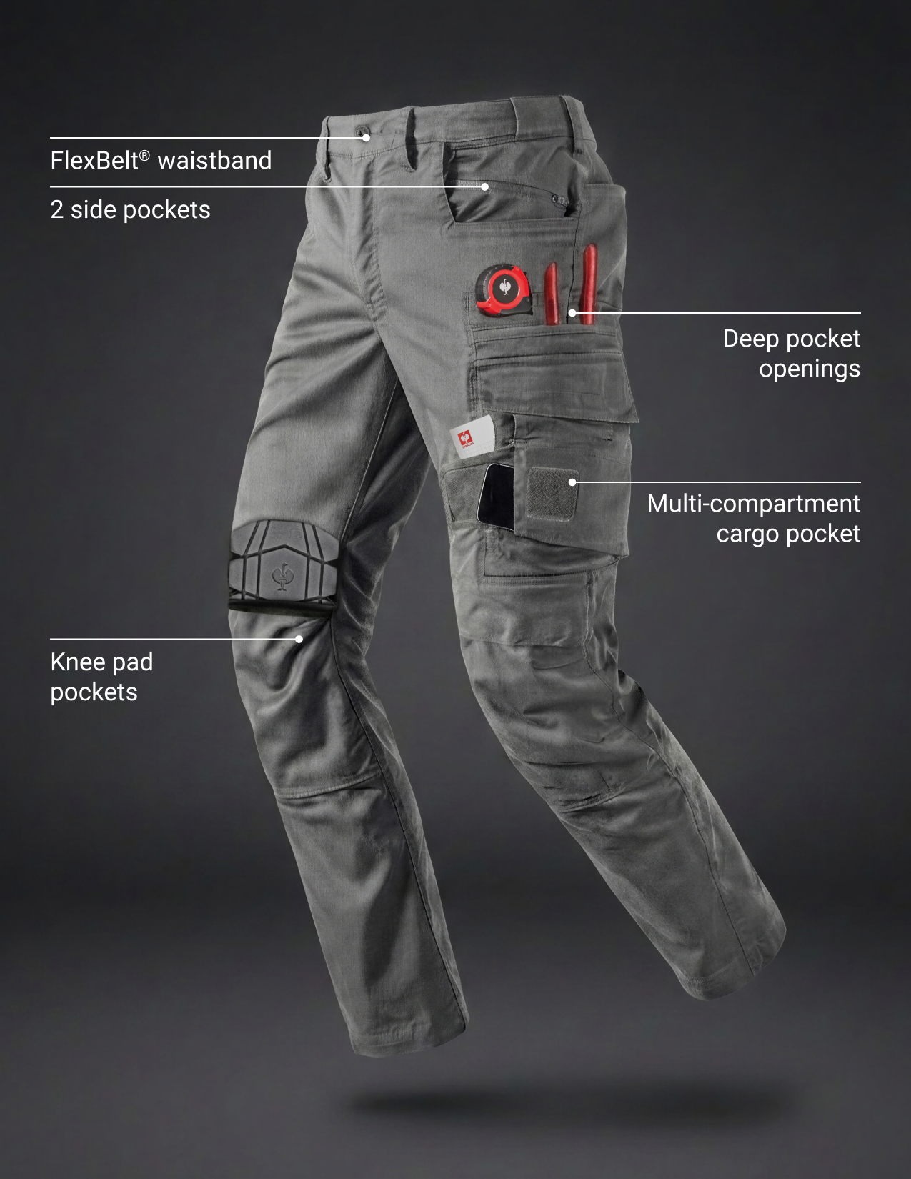 Gray cargo pants with various pockets and features labeled on a dark background