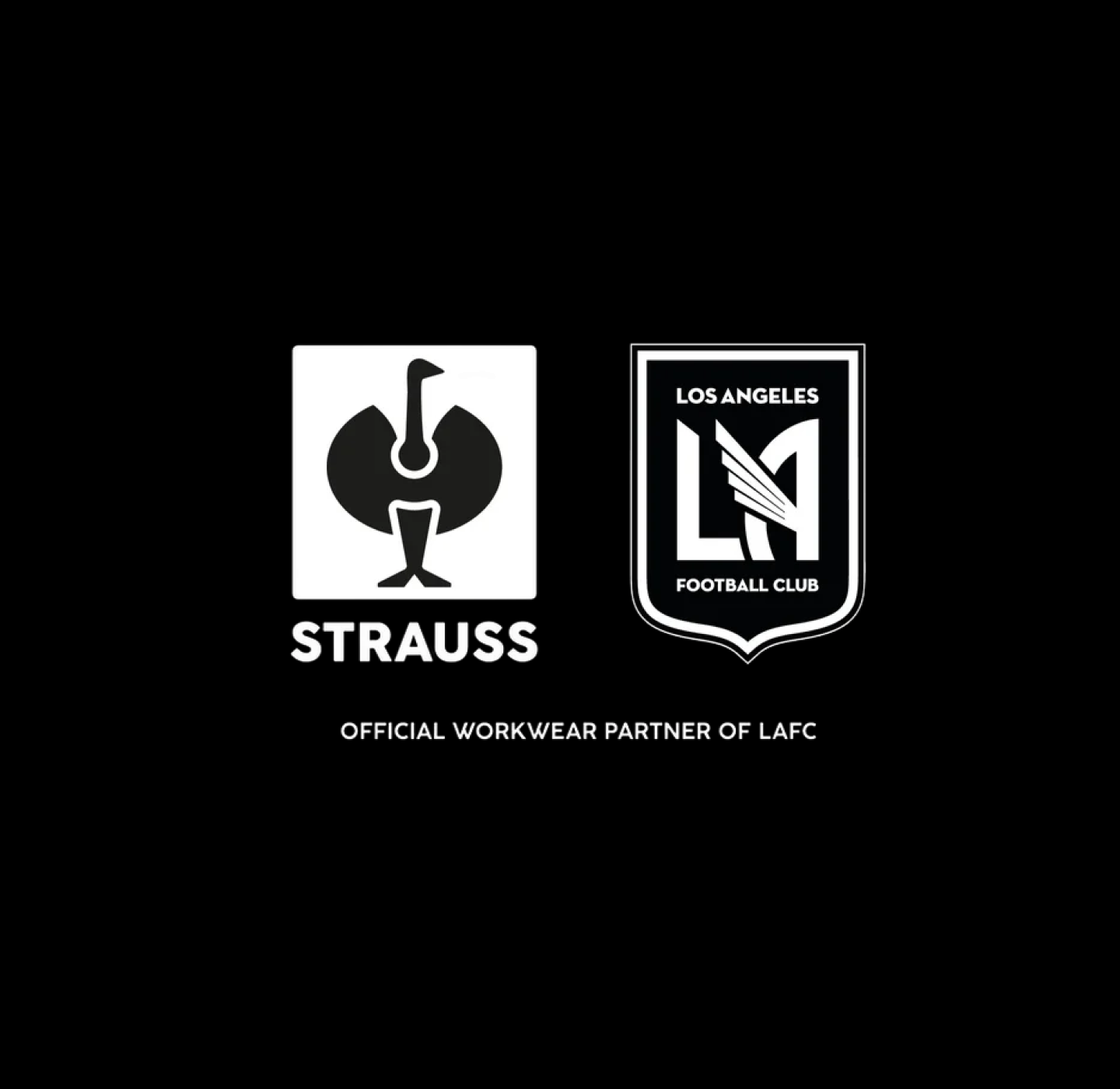 Strauss logo next to the Los Angeles Football Club (LAFC) crest on a black background, with text below reading Official Workwear Partner of LAFC..