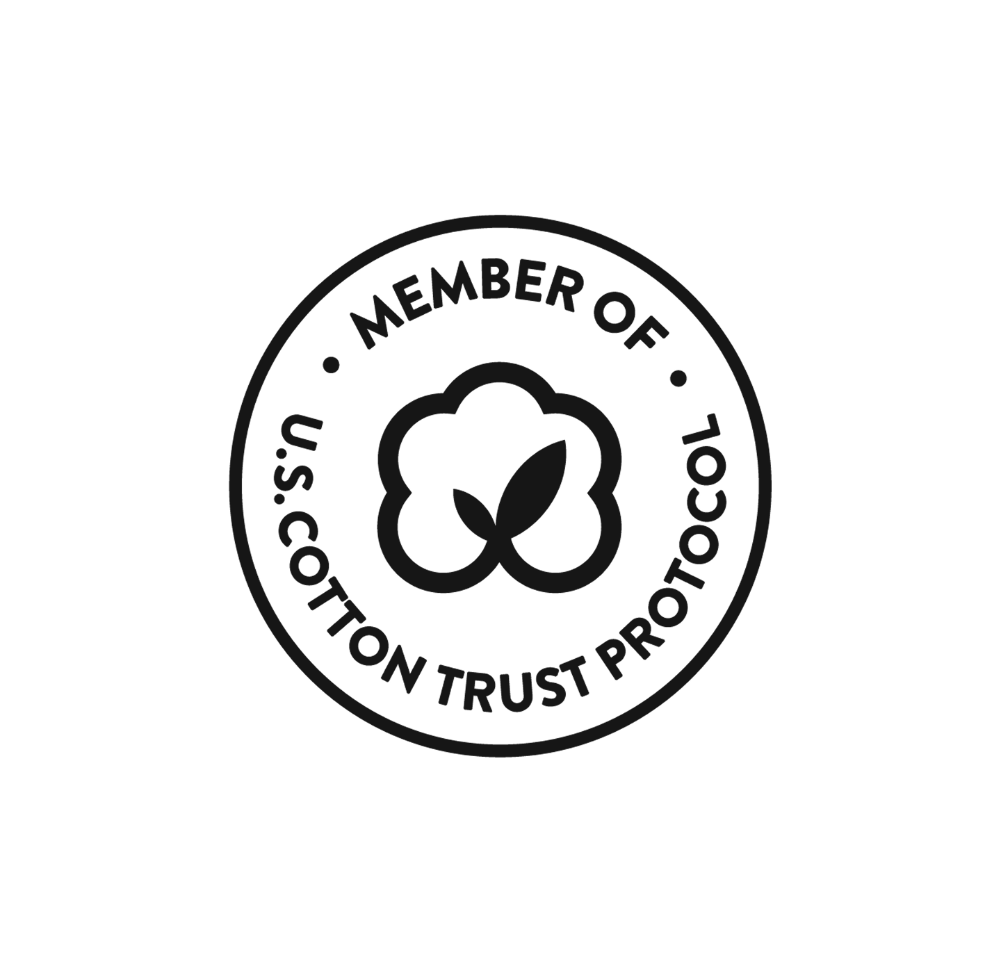 Black and white circular badge reading Member of U.S. Cotton Trust Protocol around a cotton boll icon with two leaves, on a plain white background.
