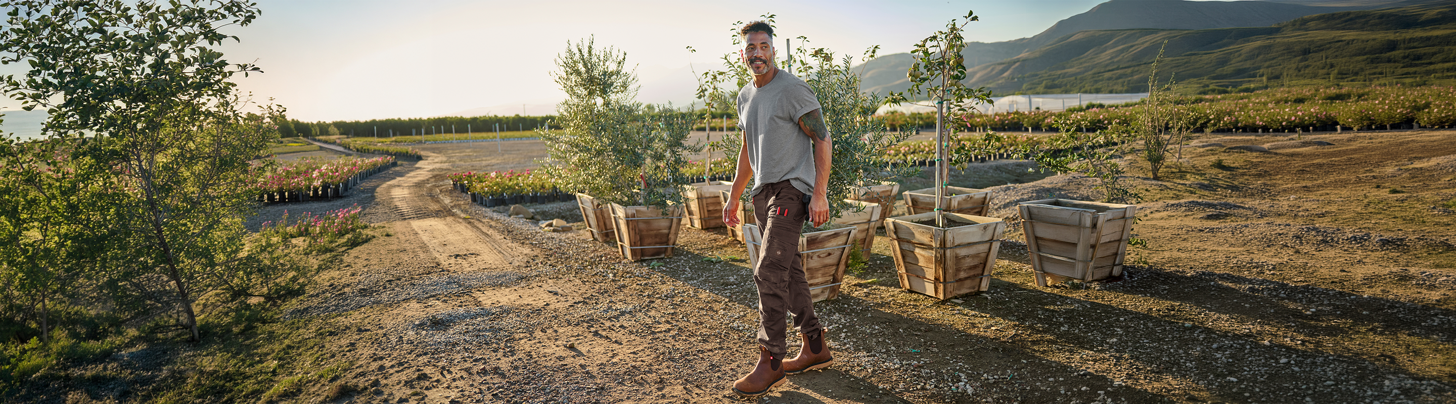A person in work clothes stands on a dirt path near potted trees at a nursery, with fields, trees, and mountains in the background under a clear sky.
