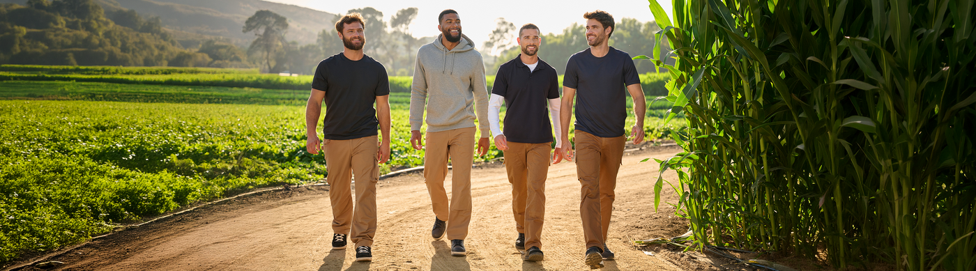 Four men walk together on a dirt path beside tall crops in a sunny rural setting, all wearing navy shirts and tan pants, smiling and engaged in conversation.