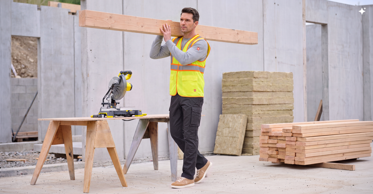 A man wearing a high-visibility yellow safety vest over a gray long-sleeve shirt and dark pants carries a wooden beam on a construction site. A workbench with a circular saw, stacks of insulation boards, and stacks of lumber are visible in the background.
