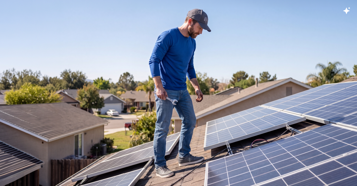 A man in a blue shirt and jeans stands on a sloped roof, inspecting solar panels under clear skies in a suburban neighborhood.