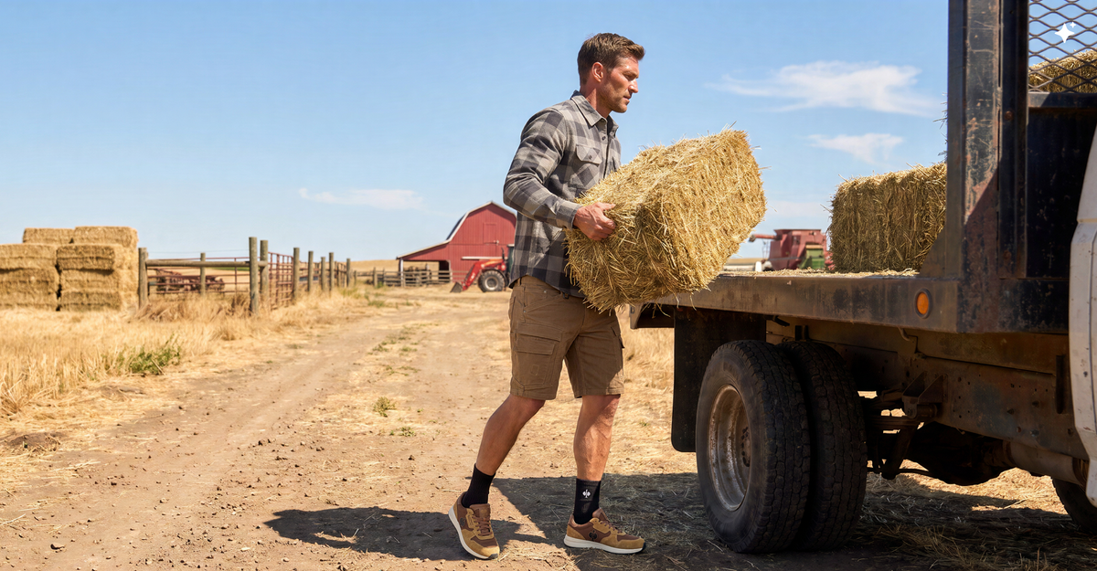 A man on a farm lifting a block of hay onto the back of a truck. He is wearing a grey flanel long sleeve shirt, beige shorts and beige work shoes.