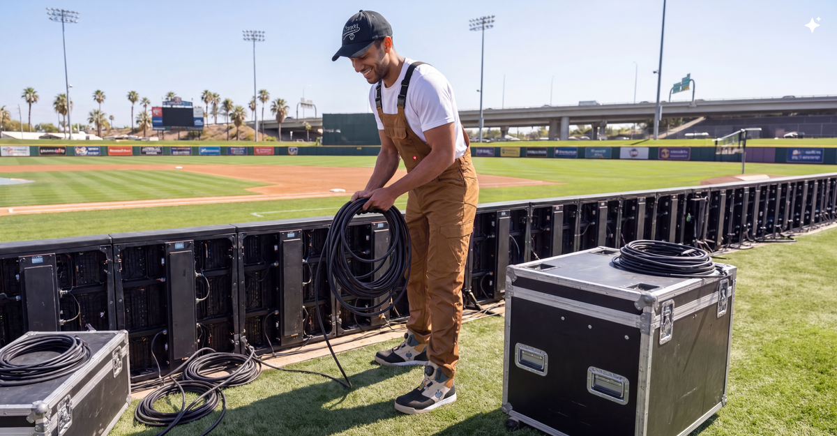 A man in a baseball cap, white t-shirt, and brown overalls stands on a baseball field sideline holding a coiled black cable. Multiple black equipment cases are lined up on the grass beside the field, with a baseball stadium visible in the background under a clear blue sky.