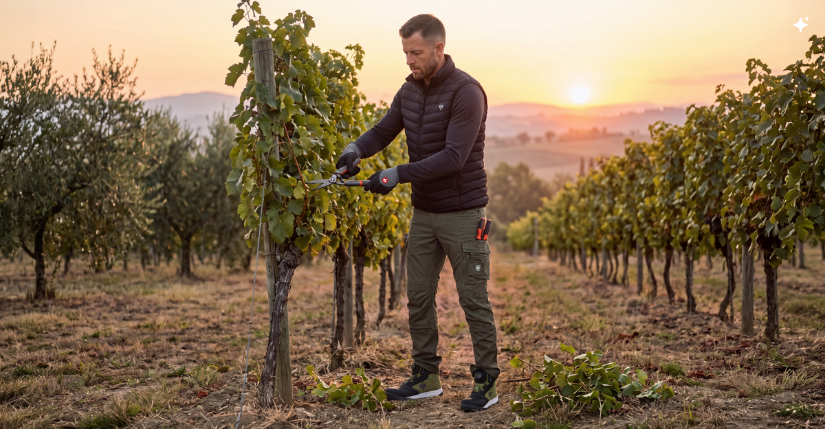 A man in a vineyard prunes grapevines at sunset, wearing a black vest and green pants. Cut leaves are on the ground beside him. Rows of grapevines and distant hills are visible under a colorful sky.