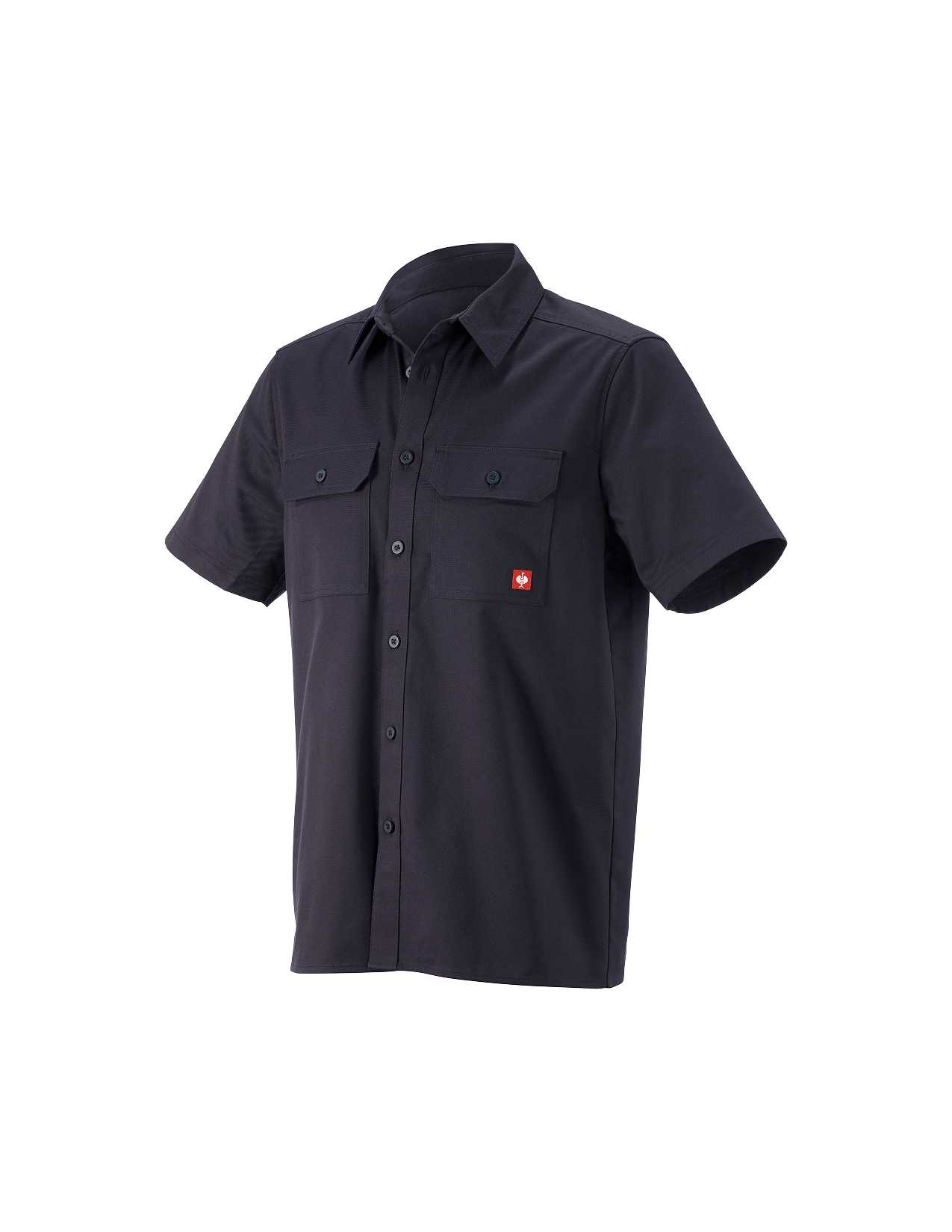 Navy short-sleeve work shirt with a red logo on a white background