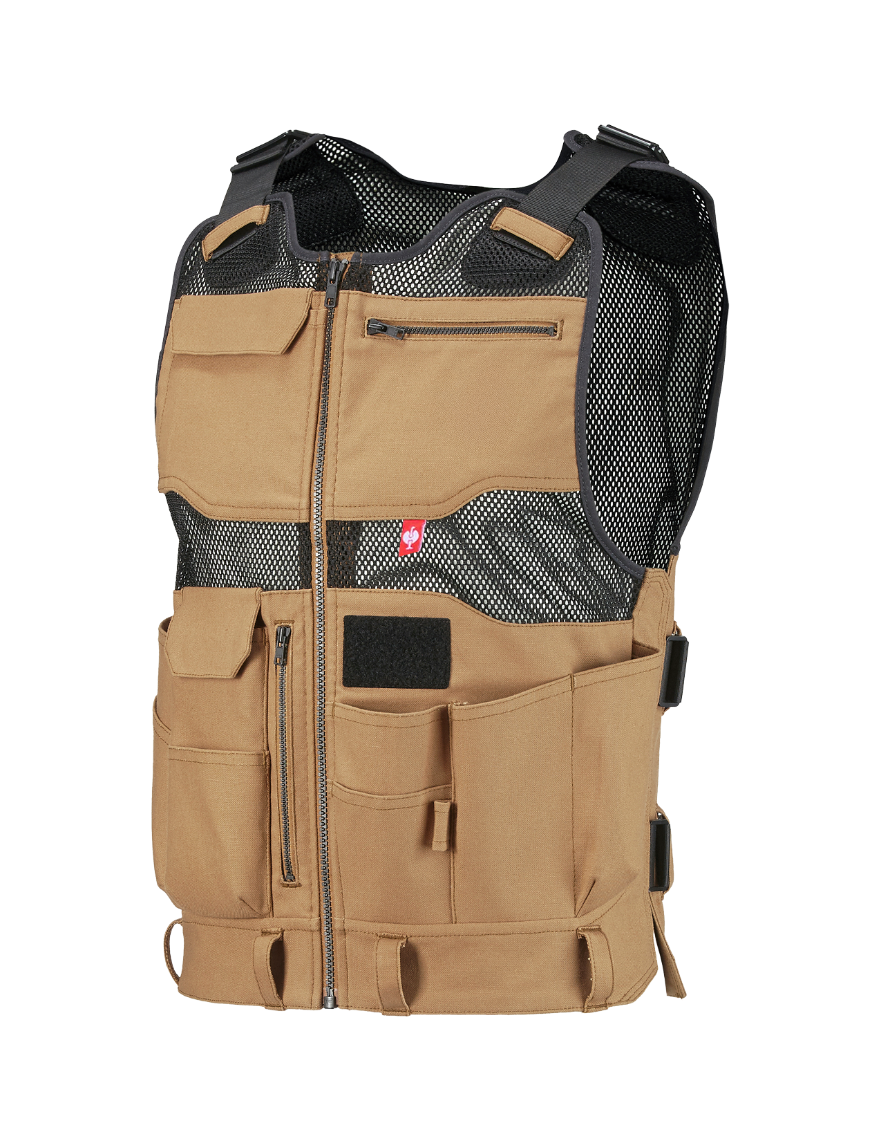 Tan tool vest with multiple pockets and a black mesh back on a white background