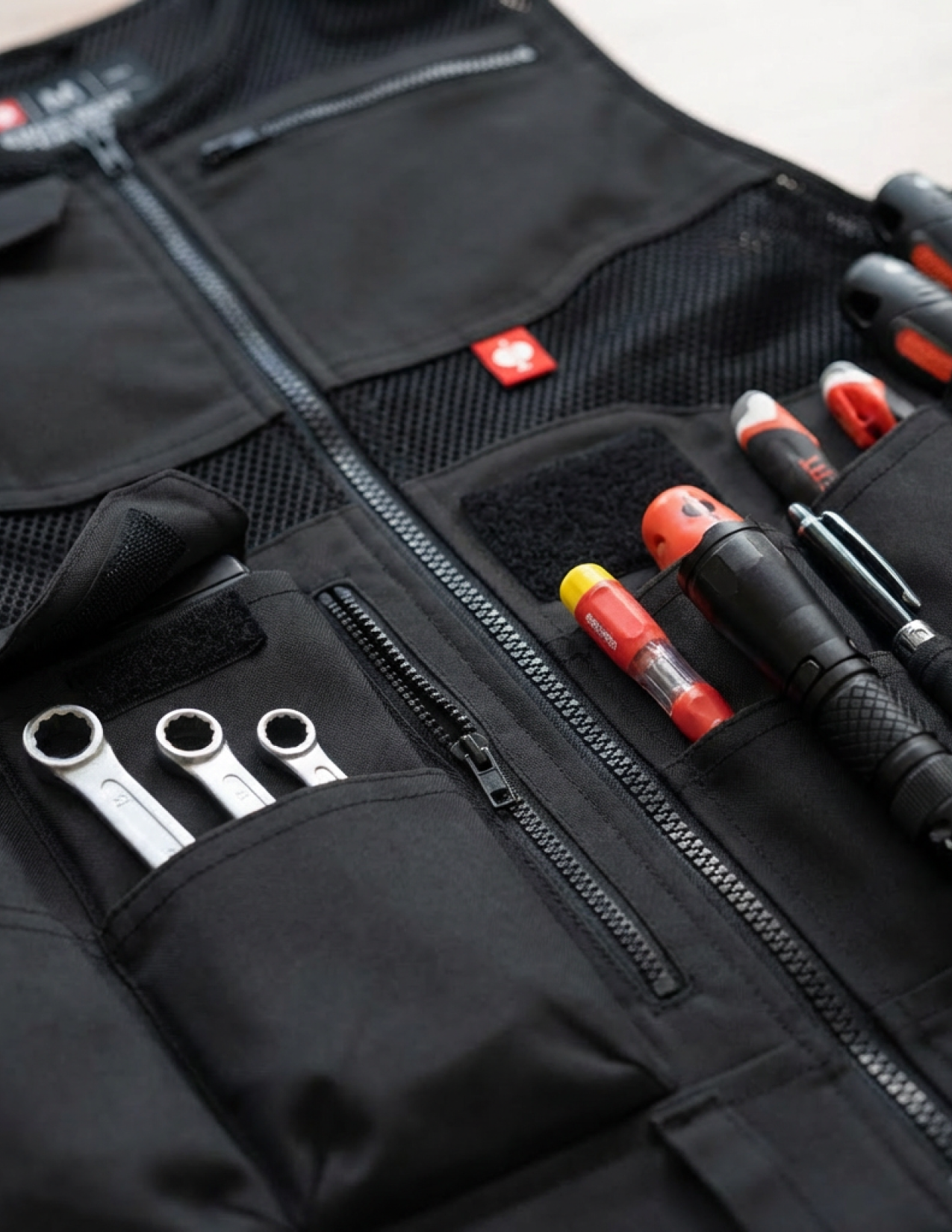 Black tool vest with various tools including screwdrivers and wrenches.